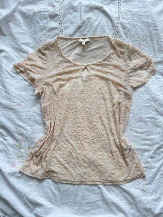 Tops - Light Cream Burnout Velvet Short-Sleeve Blouse with Keyhole